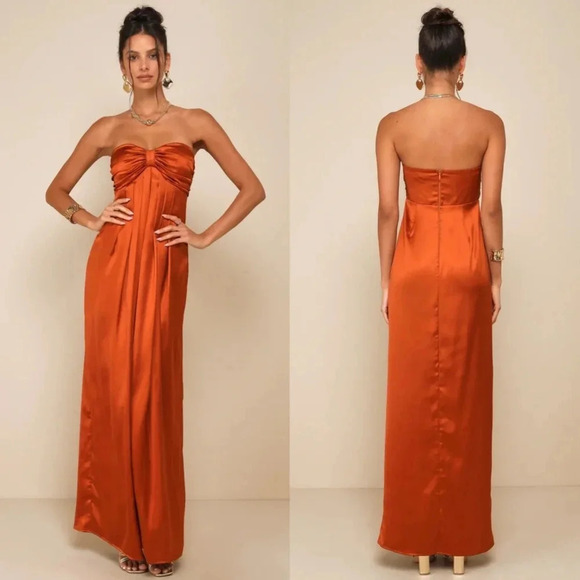 Lulus Dresses & Skirts - Lulus Memorable Entrance Rust Orange Strapless Satin Maxi Dress Wedding Party